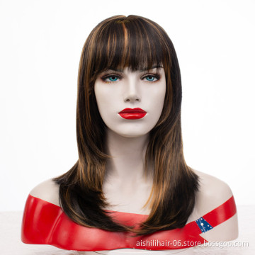 Wholesale heat resistant long natural  straight hair mix brown with golden wig with natural bangs synthetic hair wigs for women
